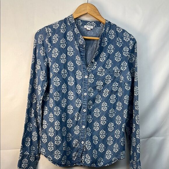 Splendid blue white floral print denim long sleeve button up shirt EUC size S - Picture 1 of 10